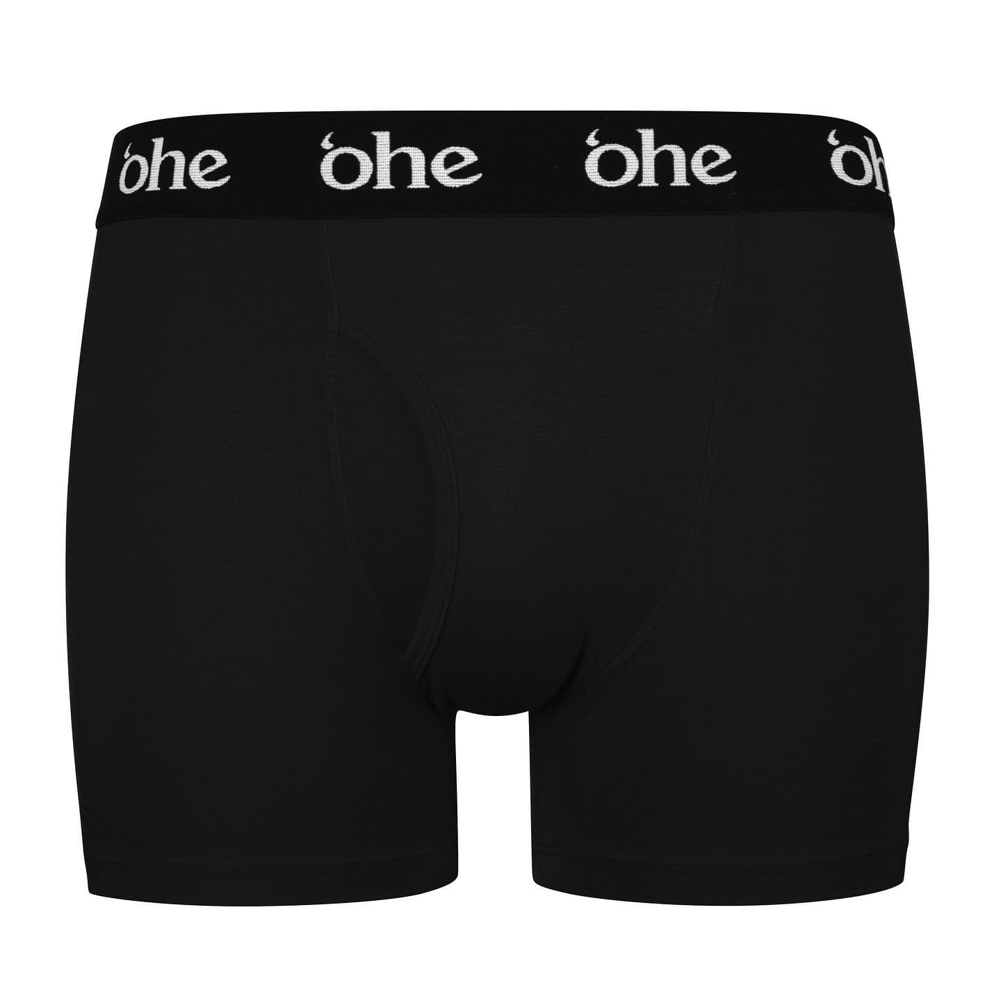 Front view of black men's bamboo underwear boxer shorts with black waist band and white 'ohe logo