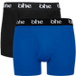 Front view of men's double-pack of blue and black bamboo underwear boxer shorts with black waist band and white 'ohe logo
