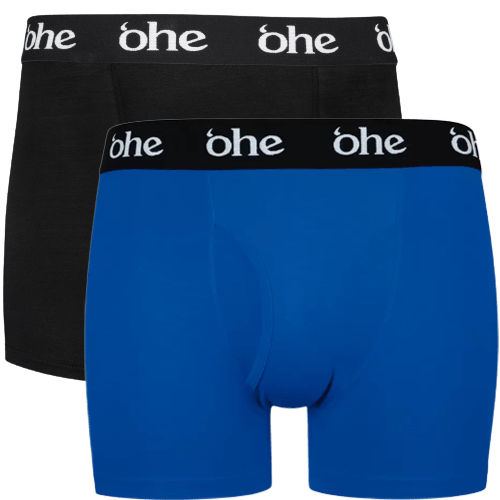 Front view of men's double-pack of blue and black bamboo underwear boxer shorts with black waist band and white 'ohe logo