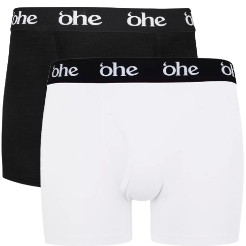 Front view of men's double-pack of black and white bamboo underwear boxer shorts with black waist band and white 'ohe logo
