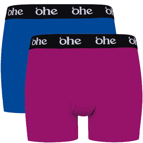 Front view of men's double-pack of blue and purple bamboo underwear boxer shorts with black waist band and white 'ohe logo