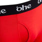 Close up view of fly and waistband on red men's bamboo boxer shorts from 'ohe