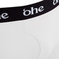 Close up view of fly and waistband on white men's bamboo boxer shorts from 'ohe