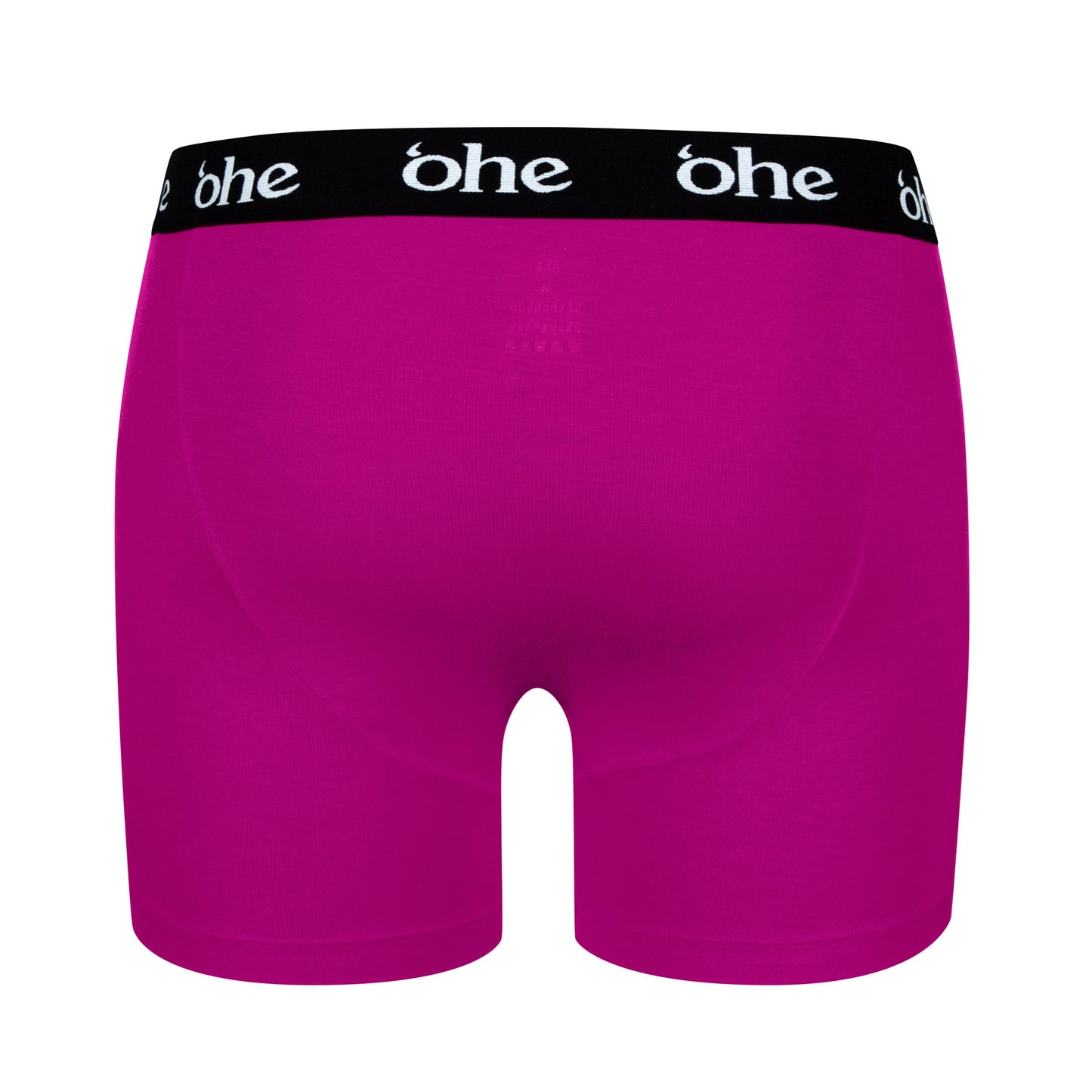 Back view of purple/magenta men's bamboo underwear boxer shorts with black waist band and white 'ohe logo