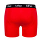 Back view of red men's bamboo underwear boxer shorts with black waist band and white 'ohe logo