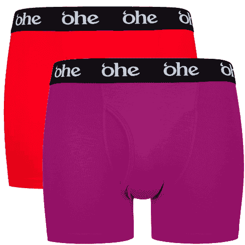 Front view of men's double-pack of red and purple bamboo underwear boxer shorts with black waist band and white 'ohe logo