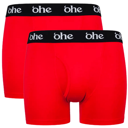 Front view of double pack red men's bamboo underwear boxer shorts with black waist band and white 'ohe logo