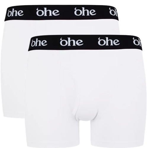 Front view of men's double-pack of white bamboo underwear boxer shorts with black waist band and white 'ohe logo