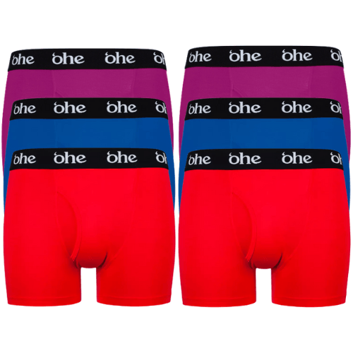Front view of red, blue and purple men's bamboo underwear boxer shorts with black waist band and white 'ohe logo - 6 pack