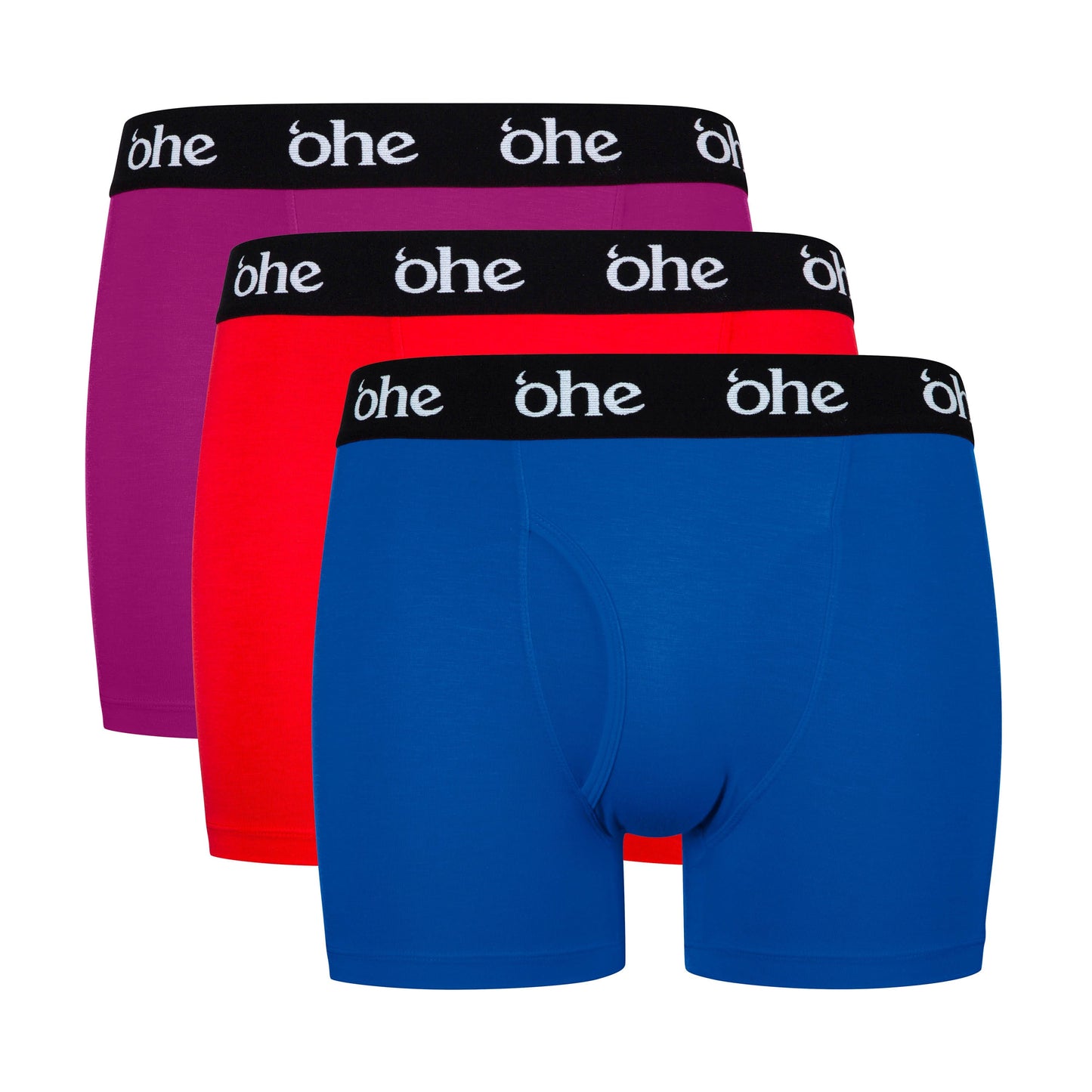 Stacked view of blue, red and purple men's bamboo underwear boxer shorts with black waist band and white 'ohe logo