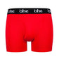 Front view of red men's bamboo underwear boxer shorts with black waist band and white 'ohe logo