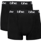 Front view of double pack black men's bamboo underwear boxer shorts with black waist band and white 'ohe logo