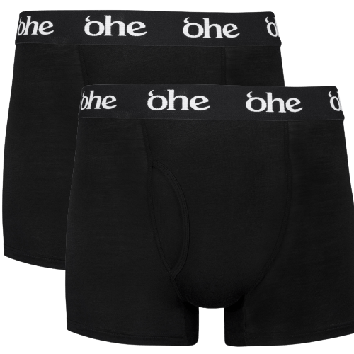 Front view of double pack black men's bamboo underwear boxer shorts with black waist band and white 'ohe logo