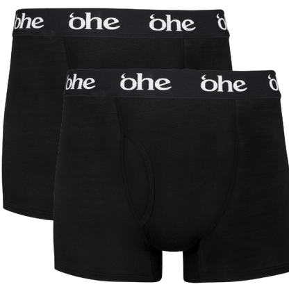 Front view of men's double-pack of black bamboo underwear boxer shorts with black waist band and white 'ohe logo