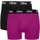 Front view of men's double-pack of black and purple bamboo underwear boxer shorts with black waist band and white 'ohe logo