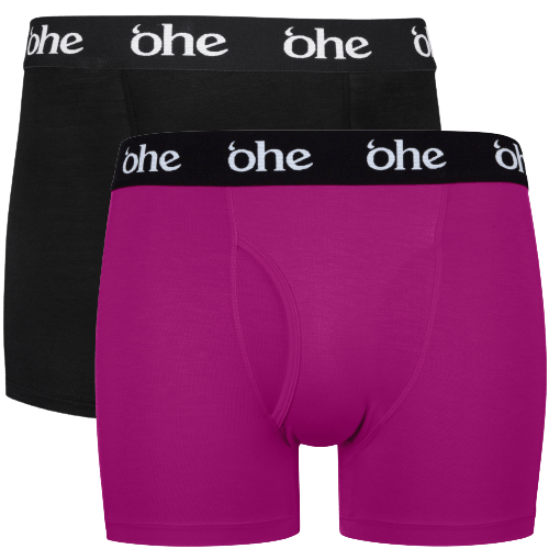 Front view of men's double-pack of black and purple bamboo underwear boxer shorts with black waist band and white 'ohe logo