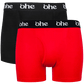 Front view of men's double-pack of black and red bamboo underwear boxer shorts with black waist band and white 'ohe logo
