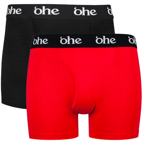 Front view of men's double-pack of black and red bamboo underwear boxer shorts with black waist band and white 'ohe logo