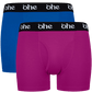 Front view of men's double-pack of blue and purple bamboo underwear boxer shorts with black waist band and white 'ohe logo