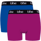 Front view of men's double-pack of blue and purple bamboo underwear boxer shorts with black waist band and white 'ohe logo