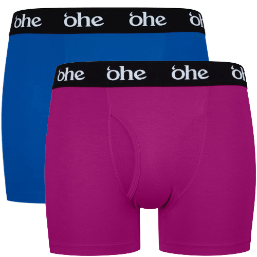 Front view of men's double-pack of blue and purple bamboo underwear boxer shorts with black waist band and white 'ohe logo