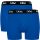 Front view of men's double-pack of blue bamboo underwear boxer shorts with black waist band and white 'ohe logo