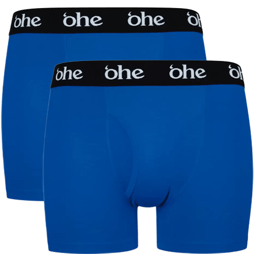 Front view of men's double-pack of blue bamboo underwear boxer shorts with black waist band and white 'ohe logo