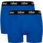 Front view of double pack blue men's bamboo underwear boxer shorts with black waist band and white 'ohe logo