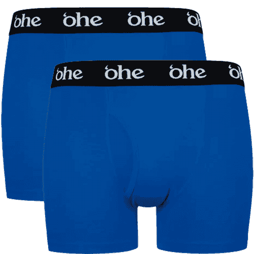 Front view of double pack blue men's bamboo underwear boxer shorts with black waist band and white 'ohe logo