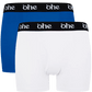 Front view of men's double-pack of blue and white bamboo underwear boxer shorts with black waist band and white 'ohe logo
