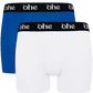 Front view of men's double-pack of blue and white bamboo underwear boxer shorts with black waist band and white 'ohe logo