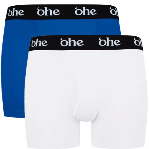 Front view of men's double-pack of blue and white bamboo underwear boxer shorts with black waist band and white 'ohe logo