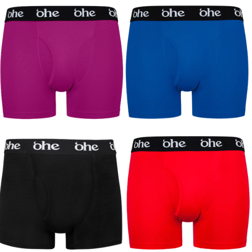 Front view of black, red, purple and blue men's bamboo underwear boxer shorts with black waist band and white 'ohe logo