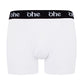 Front view of white men's bamboo underwear boxer shorts with black waist band and white 'ohe logo