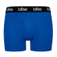 Front view of blue men's bamboo underwear boxer shorts with black waist band and white 'ohe logor shorts from 'ohe