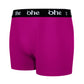 Diagonal view of purple/magenta men's bamboo underwear boxer shorts with black waist band and white 'ohe logo