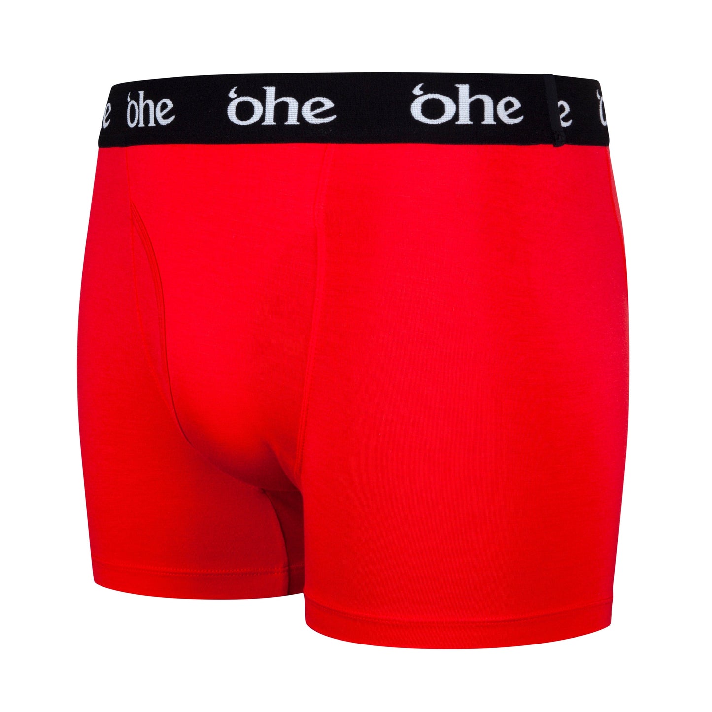 Diagonal view of red men's bamboo underwear boxer shorts with black waist band and white 'ohe logo