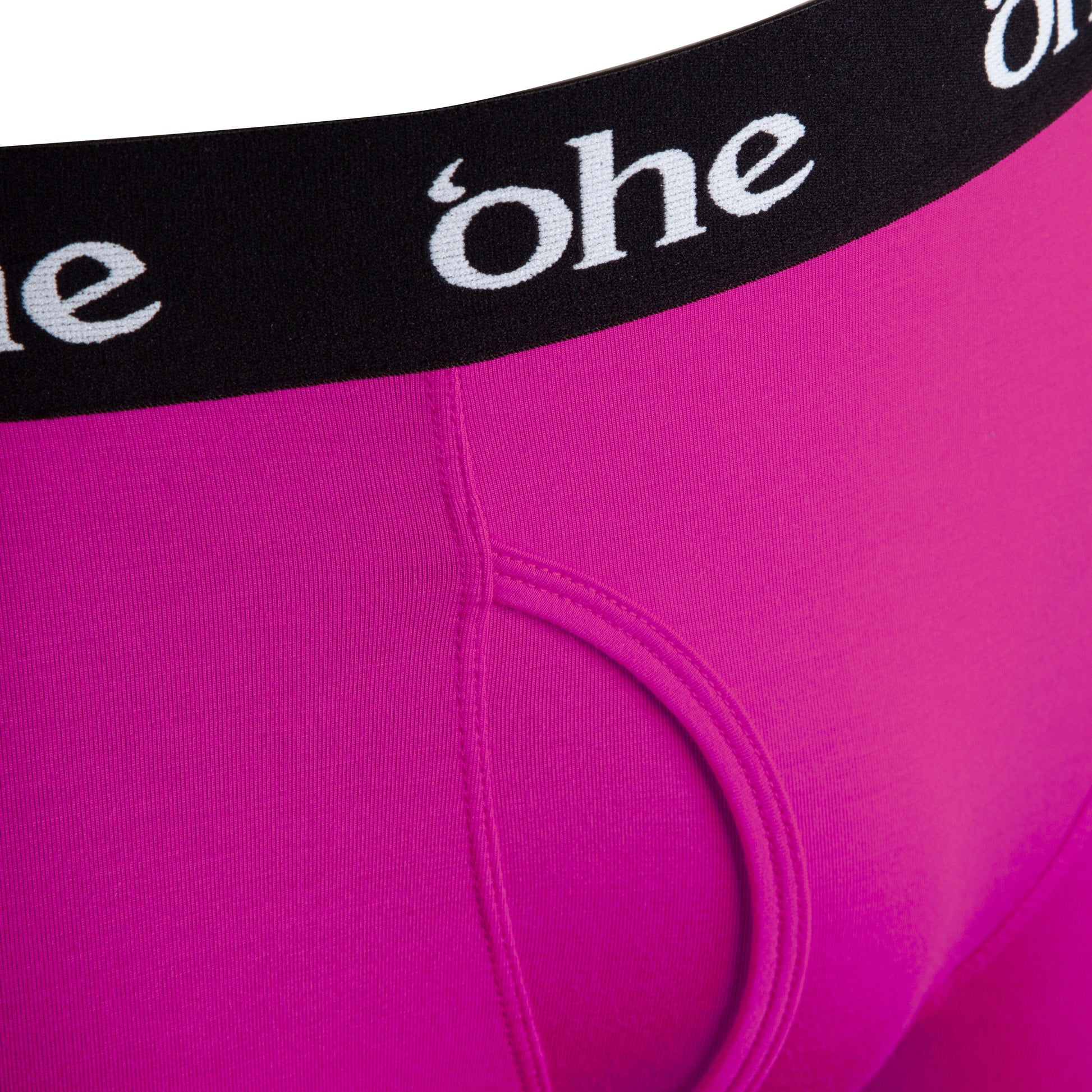 Close up view of fly and waistband on purple/magenta men's bamboo boxer shorts from 'ohe