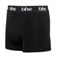 Diagonal view of black men's bamboo underwear boxer shorts with black waist band and white 'ohe logo
