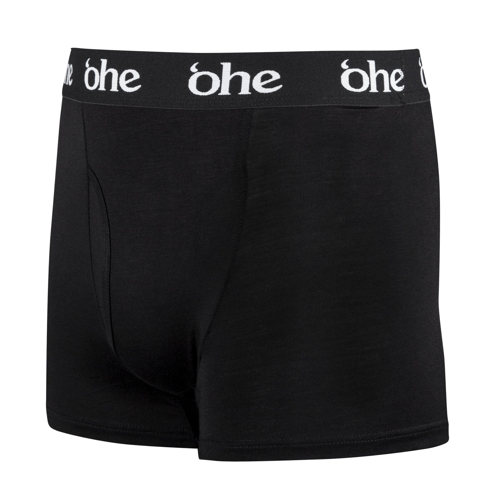 Diagonal view of black men's bamboo underwear boxer shorts with black waist band and white 'ohe logo