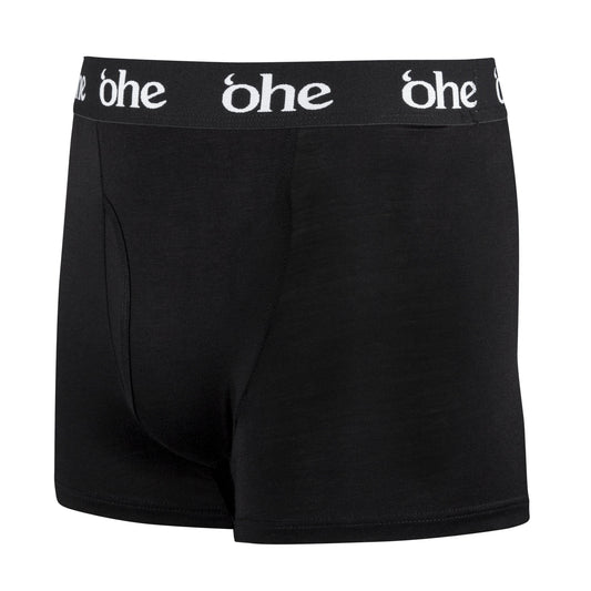 Diagonal view of black men's bamboo underwear boxer shorts with black waist band and white 'ohe logo
