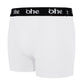 Diagonal view of white men's bamboo underwear boxer shorts with black waist band and white 'ohe logo