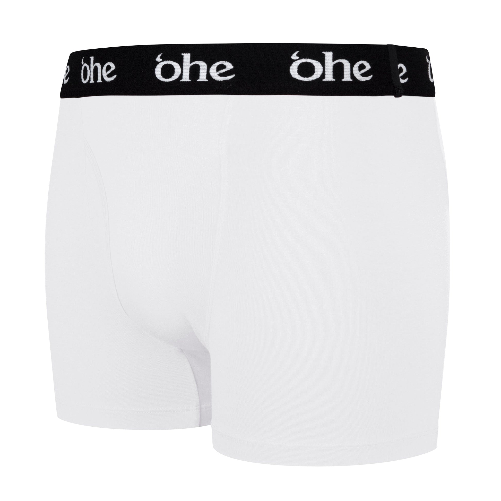 Diagonal view of white men's bamboo underwear boxer shorts with black waist band and white 'ohe logo
