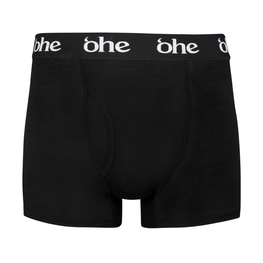 Front view of black men's bamboo underwear boxer shorts with black waist band and white 'ohe logo