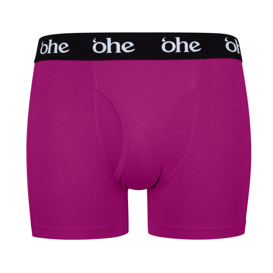 Front view of purple/magenta men's bamboo underwear boxer shorts with black waist band and white 'ohe logo
