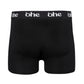 Back view of black men's bamboo underwear boxer shorts with black waist band and white 'ohe logo