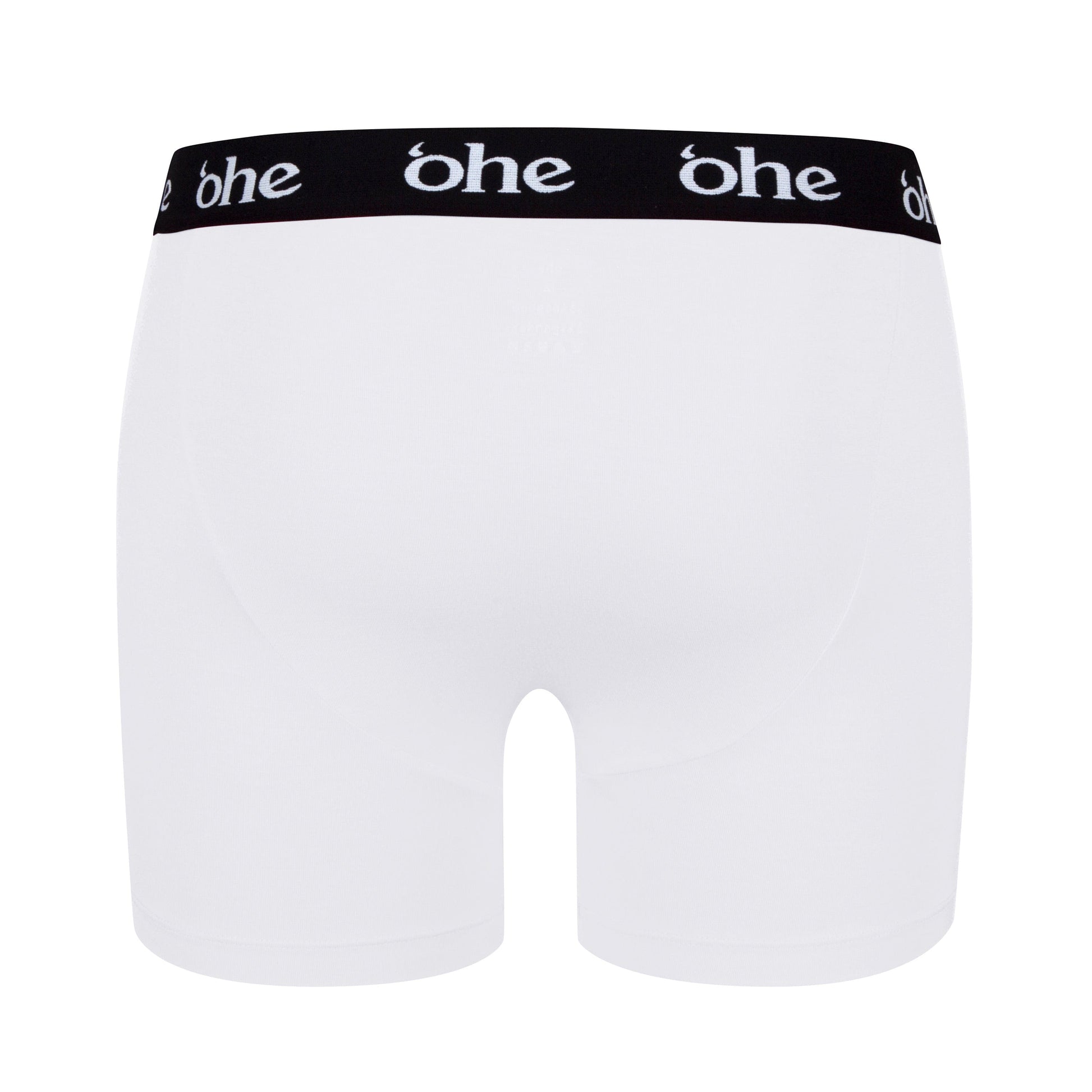 Back view of white men's bamboo underwear boxer shorts with black waist band and white 'ohe logo
