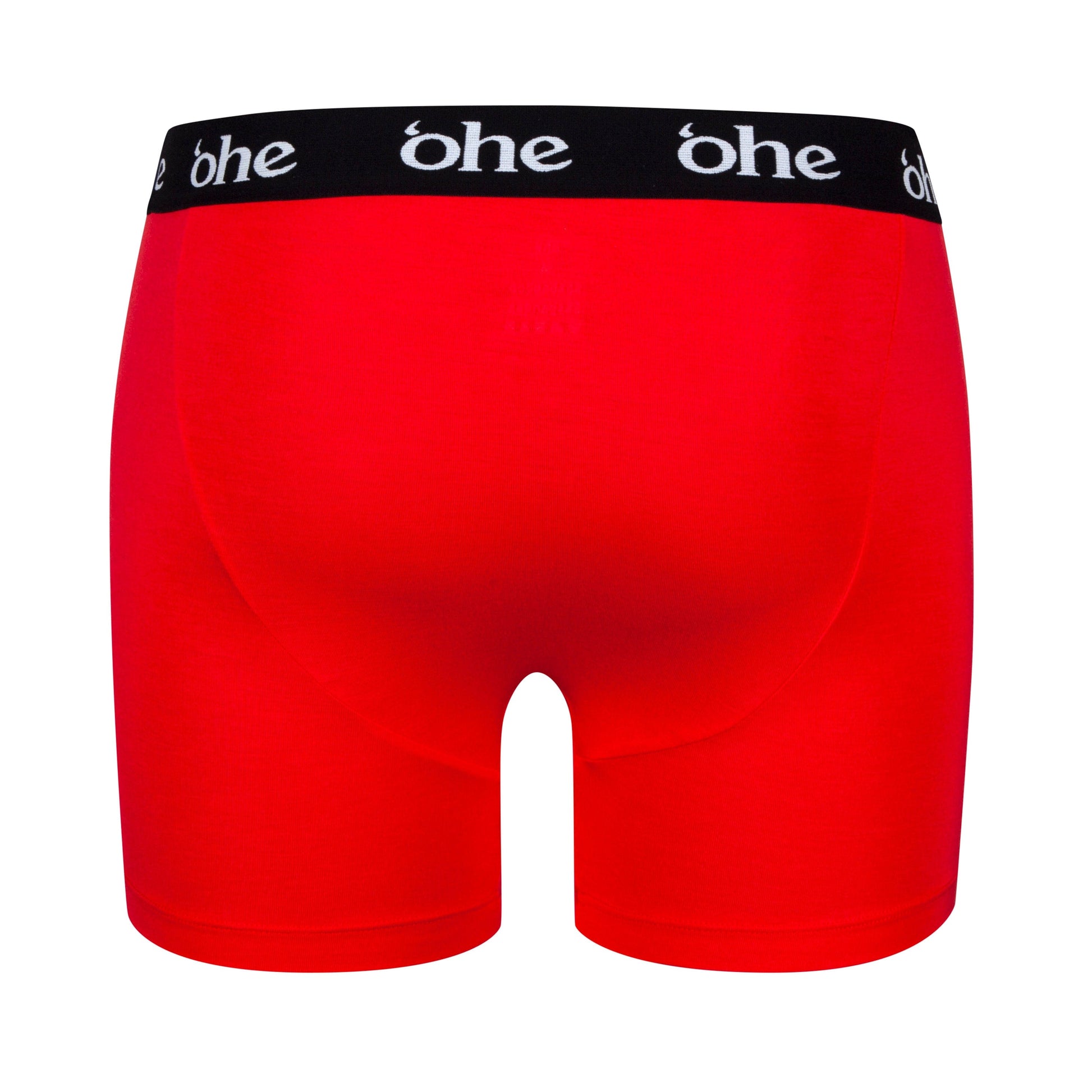 Back view of red men's bamboo underwear boxer shorts with black waist band and white 'ohe logo