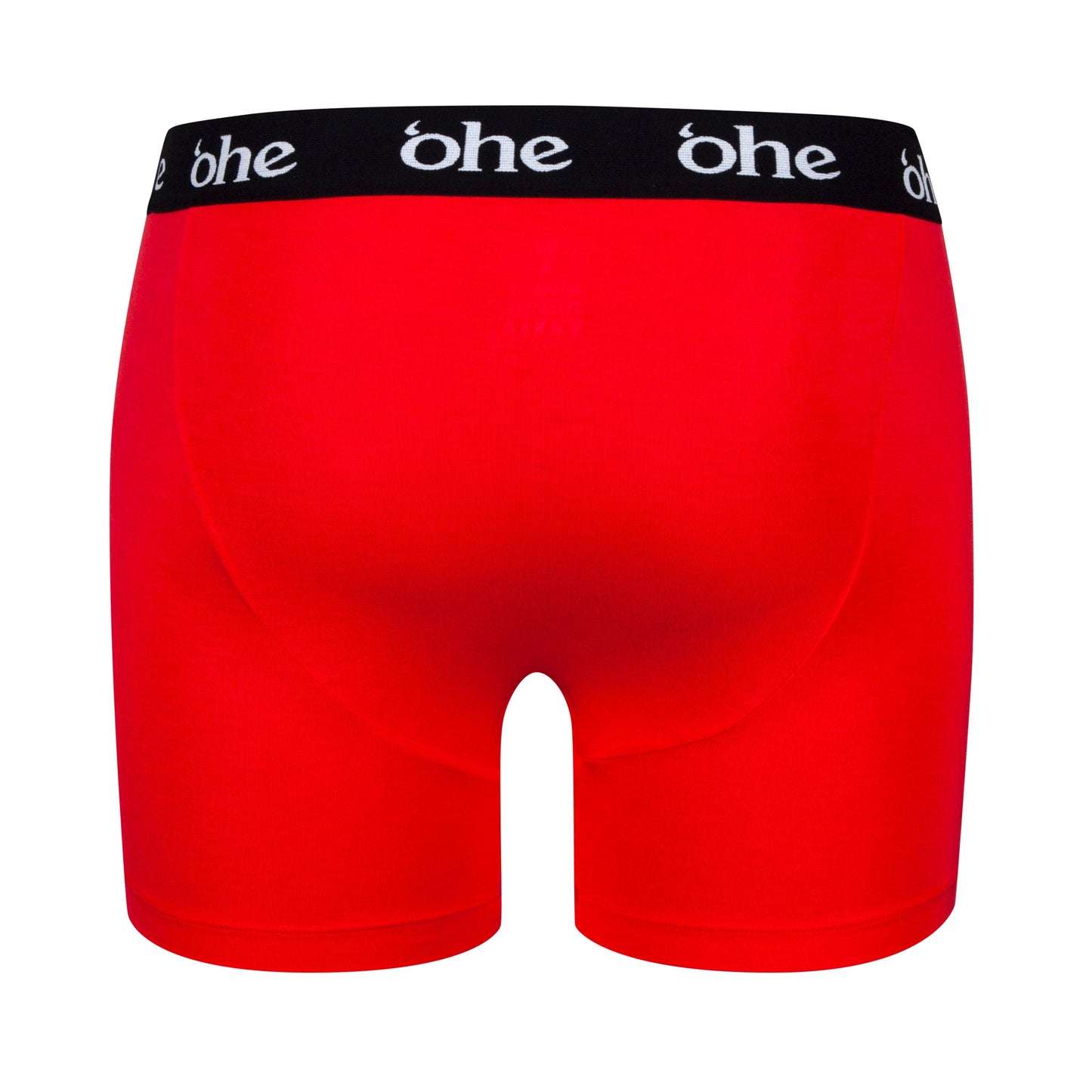 Back view of red men's bamboo underwear boxer shorts with black waist band and white 'ohe logo