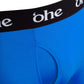 Close up view of fly and waistband on blue men's bamboo boxer shorts from 'ohe